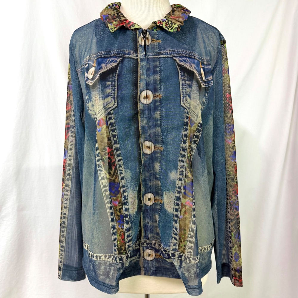 JOHN MARK Sheer Mesh Denim Jacket Cut Out Women's XL Floral Animal Print Artsy